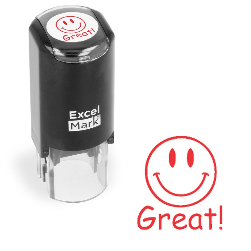 ExcelMark Great! Smiley Face - Self-Inking Round Teacher Stamp - Red Ink - Image 1